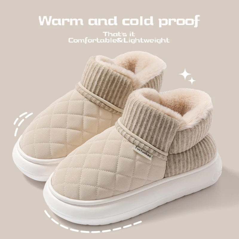 Winter Warm Snow Boots Unisex Thick Platform 4.0CM Quilted Plush Lined Non-Slip Indoor Outdoor Casual Cotton Shoes