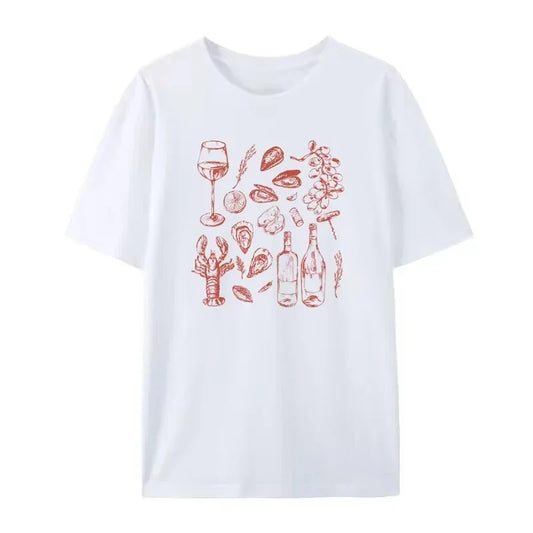 Summer American Ins Women's Retro Seafood Printing T-Shirt Trendy Retro Y2k Oyster Lobster Cute Loose Vacation Half Sleeve Top