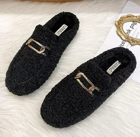Winter Warm Plush Half Slippers Woman Outdoor Furry Mocasines Warm Slip on Cotton Shoes Woman Flats Cover Toe Curly Fur Slides