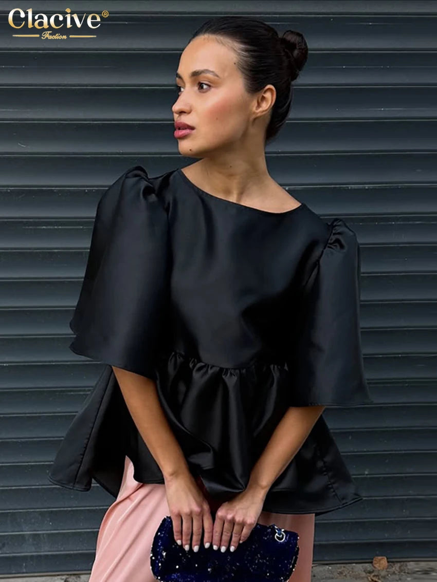 Clacive Fashion Loose Black Satin Women's T Shirt 2026 Summer O-Neck Short Sleeve T-Shirts Elegant Classic Top Female Clothing