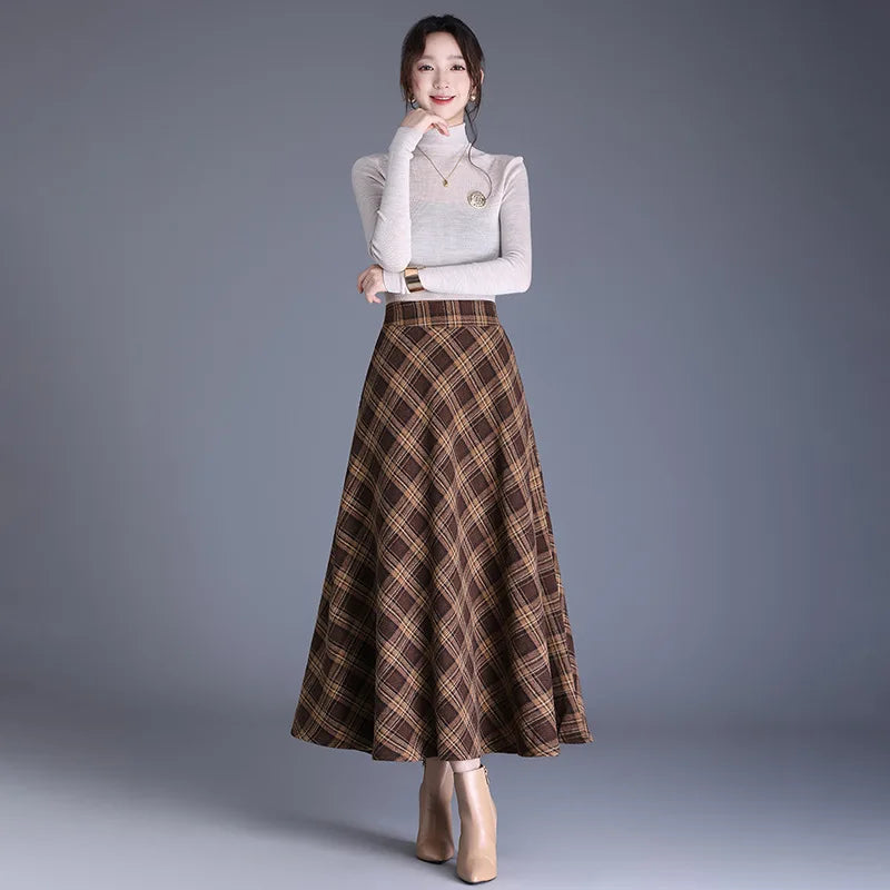 Fairyshely 2026 Winter Brown Plaid Woolen Long Skirt Women Autumn Warm High Waist Midi Skirt Ladies Elegant Thick Pleated Skirt