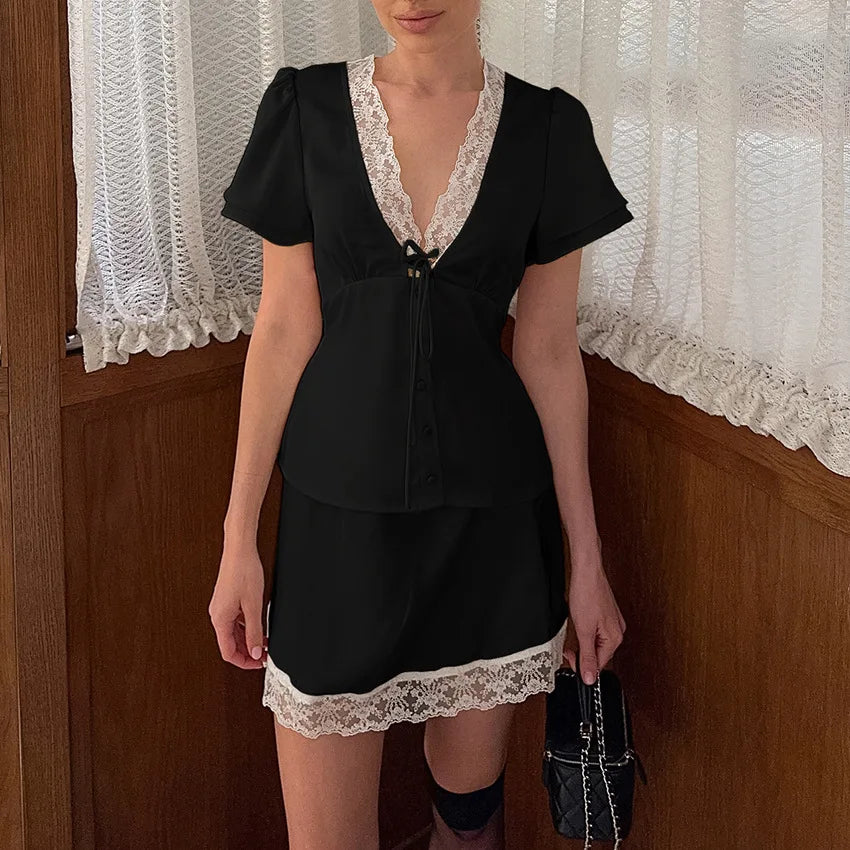 Elegant Lace Patchwork Satin 2 Piece Set Women Solid V-Neck Short Sleeve Top Mini Skirt Suit 2026 Summer Casual Daily Streetwear
