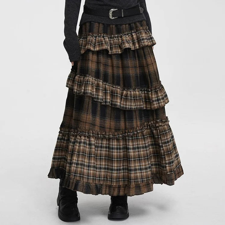 Midi Dress Vintage Plaid Skirt Women High Waist Skirt Ruffle Patchwork Irregular Hem Autumn Winter Line Slim Maxi Skirts Female