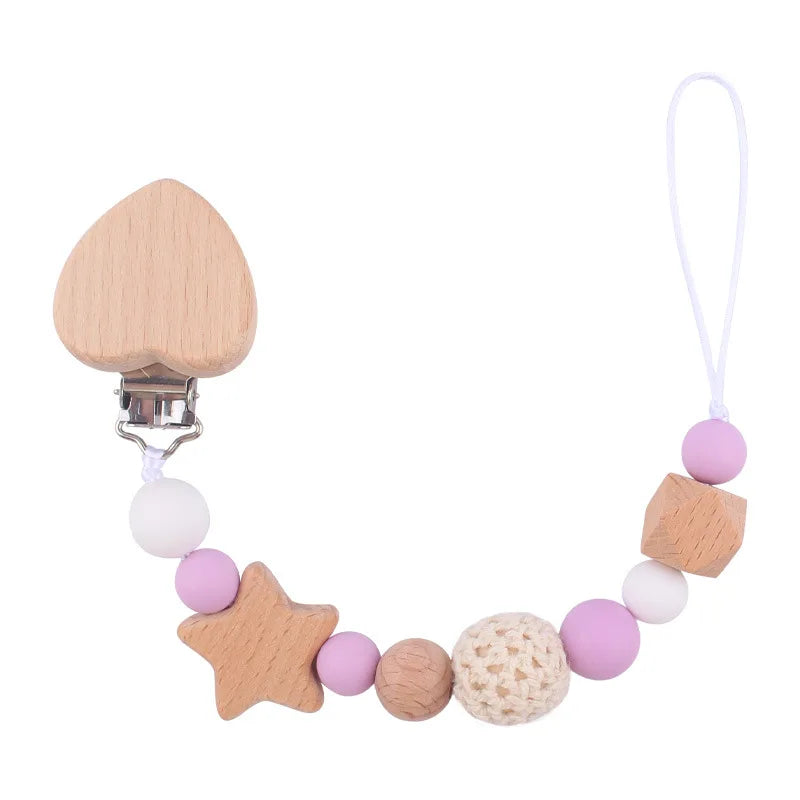 Baby Carve Custom Name Five Pointed Star Silicone Wooden Ring Pacifier Clip Crown Teething Chain Teether Clips for children Gift