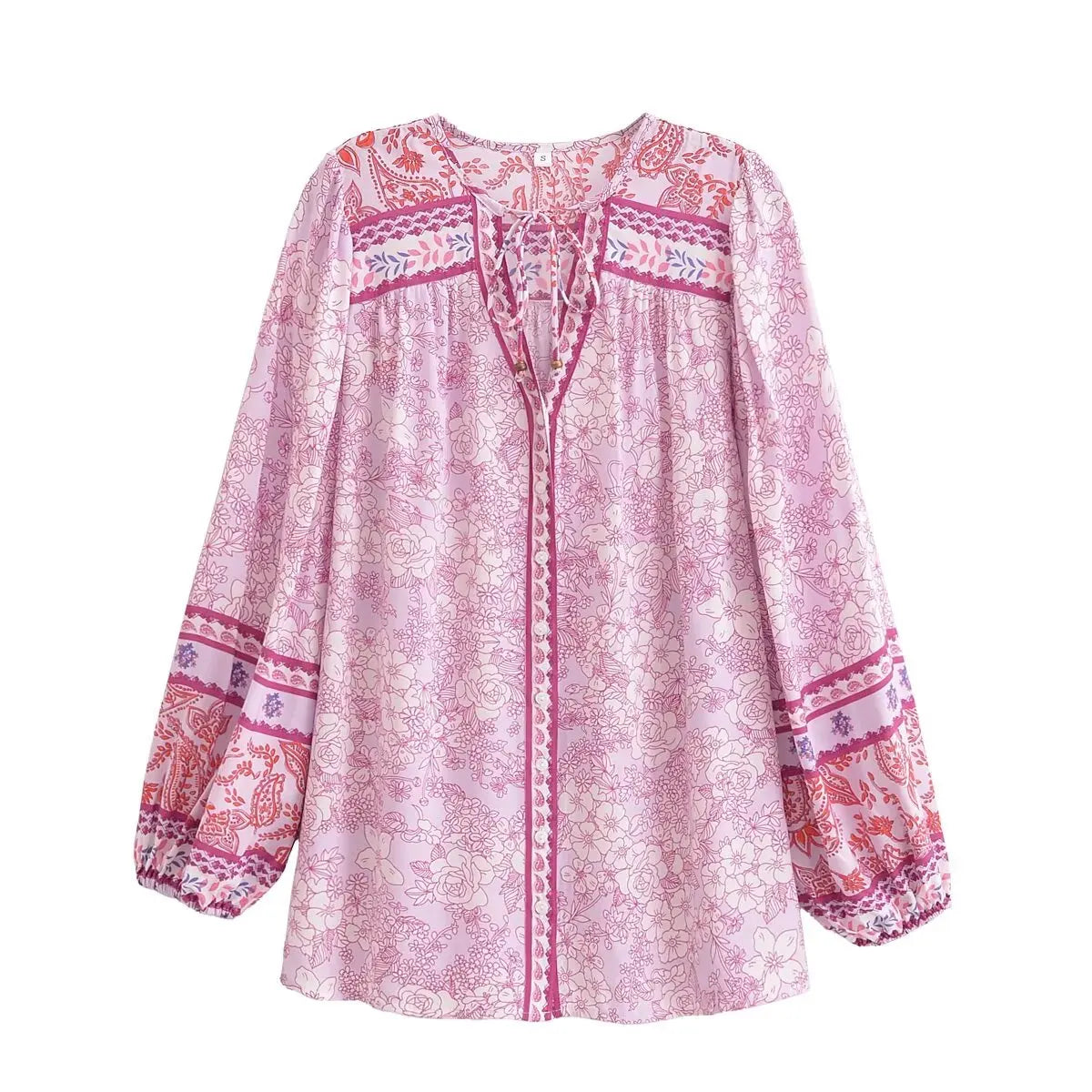 Boho Queens Vintage Purple Floral Print Front Button Loose Blouses Ladies Lace-up V-Neck Long Sleeve Beach Shirts Tops Blusas