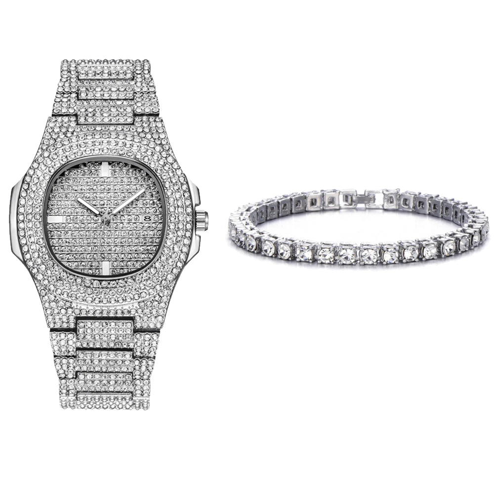 Men Luxury Iced Out Watches Bracelet Set Gold Silver Color Full Rhinestone Cuban Chain Bracelet Wristwatch Relogio Feminino
