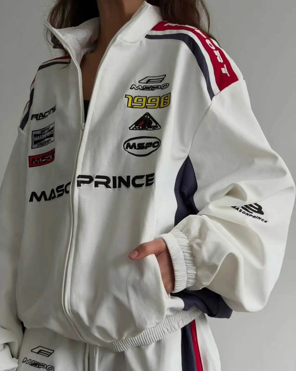 American White Racing Suit Set Women Red White Navy Blue Contrasting Embroidery Loose Jacket Wide Leg Sports Pants Two-piece Set