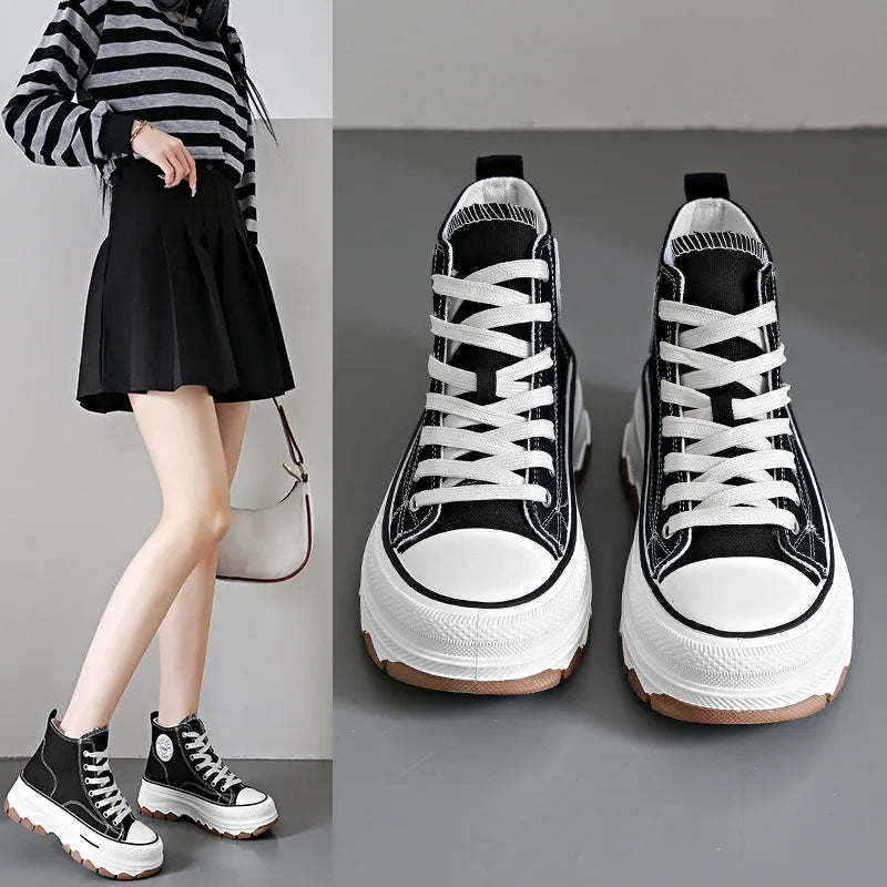 2024 New Women High Top Sneakers Lace-Up Casual Plarform Height Canvas Non-slip Wear Resistant Spring Female Vulcanize Shoes