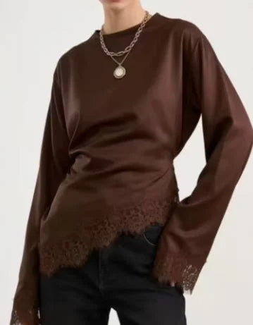 Women Elegant Satin Lace Patchwork Top O-neck Loose Long Sleeves Lace Up Shirt 2026 Female Spring Autumn Lady Chic T-shirt