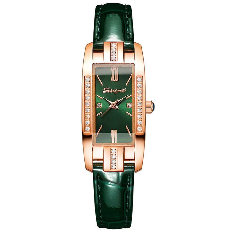 Vintage Women Watches Fashion Rhinestone Rectangle Ladies Leather Band Quartz Watch
