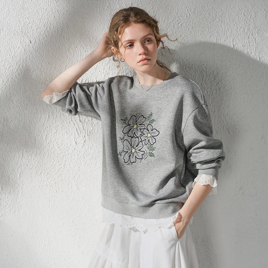 TOYOUTH Women's Floral Embroidered Lace Splicing Fake Two Piece Sweatshirt 2026 Autumn New Round Neck Loose Fit