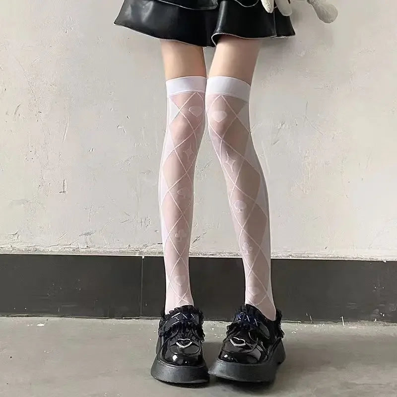Sweet Lolita Leggings Japanese Girl's Bow Cross Tie White High Stockings JK Love Poker Women's Ultrathin Black Sexy Knee Socks