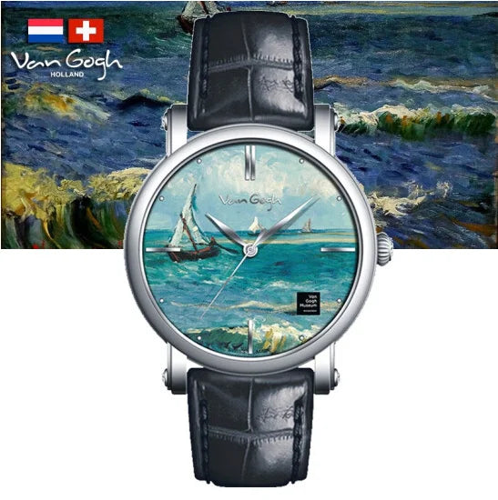 Van Gogh Sunflower Oil Painting Dial Quartz Watch for Women Swiss Movement 36mm Gold Case White Leather Strap