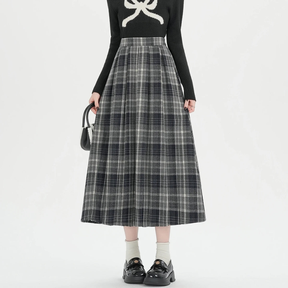 2026 Fall Winter Women‘s Plaid Pleated Midi Skirts High Waist A-Line Flared Swing Skirt Casual College Style