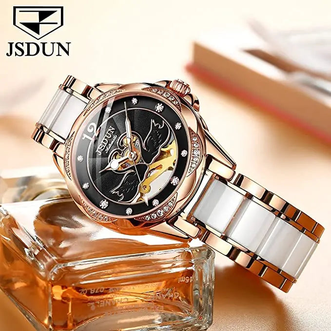 Luxury Mechanical Women Watch Love Swan Design Skeleton Elegant Ceramics Strap Waterproof Ladies Wristwatch Girls Dress Watch