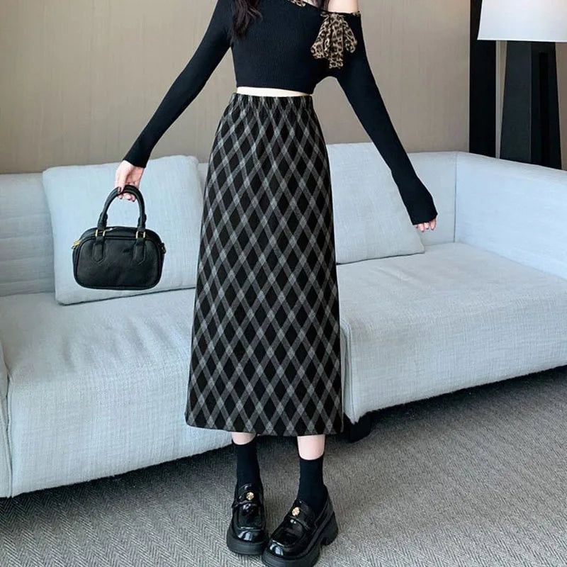 Women Plaid Skirt High Waisted Elastic A Line Midi Length Skirts for Woman Korean Style Fashion Retro Versatile Slit Long Skirts