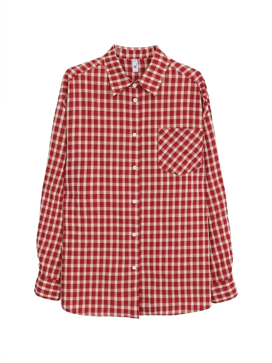 2026 Y2k Autumn Women New Vintage Red Plaid Turn-down Collar Over-shirt Long Sleeve Streetwear Loose Patchwork Harajuku Blouses