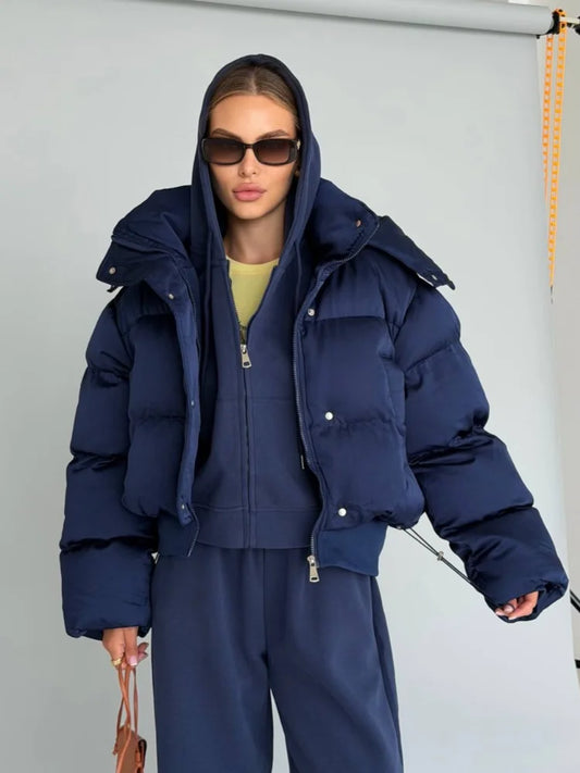 Solid Hooded Cropped Puffer Jacket Women Stand Collar Snap Button Loose Long Sleeve Jackets 2026 Winter Casual Warm Padded Coat