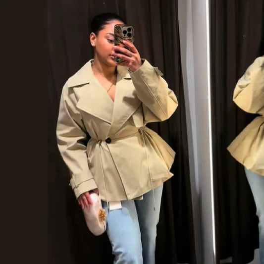 Women's Khaki Short Trench Coat Chic Lapel Collar Single Button Drawstring Waist Adjustable Oversized Jacket Commuting Outerwear