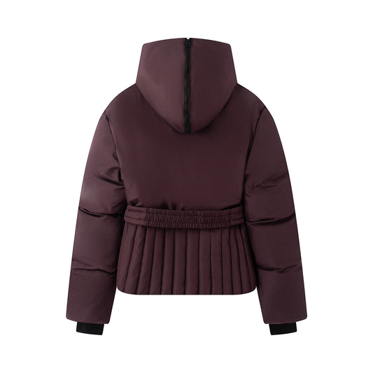 2026 Women's Elegant Hooded Zipper Burgundy Skiing Padded Snow Sports Coats Lady Chic Thicken Warm Windproof Jackets Parkas Belt