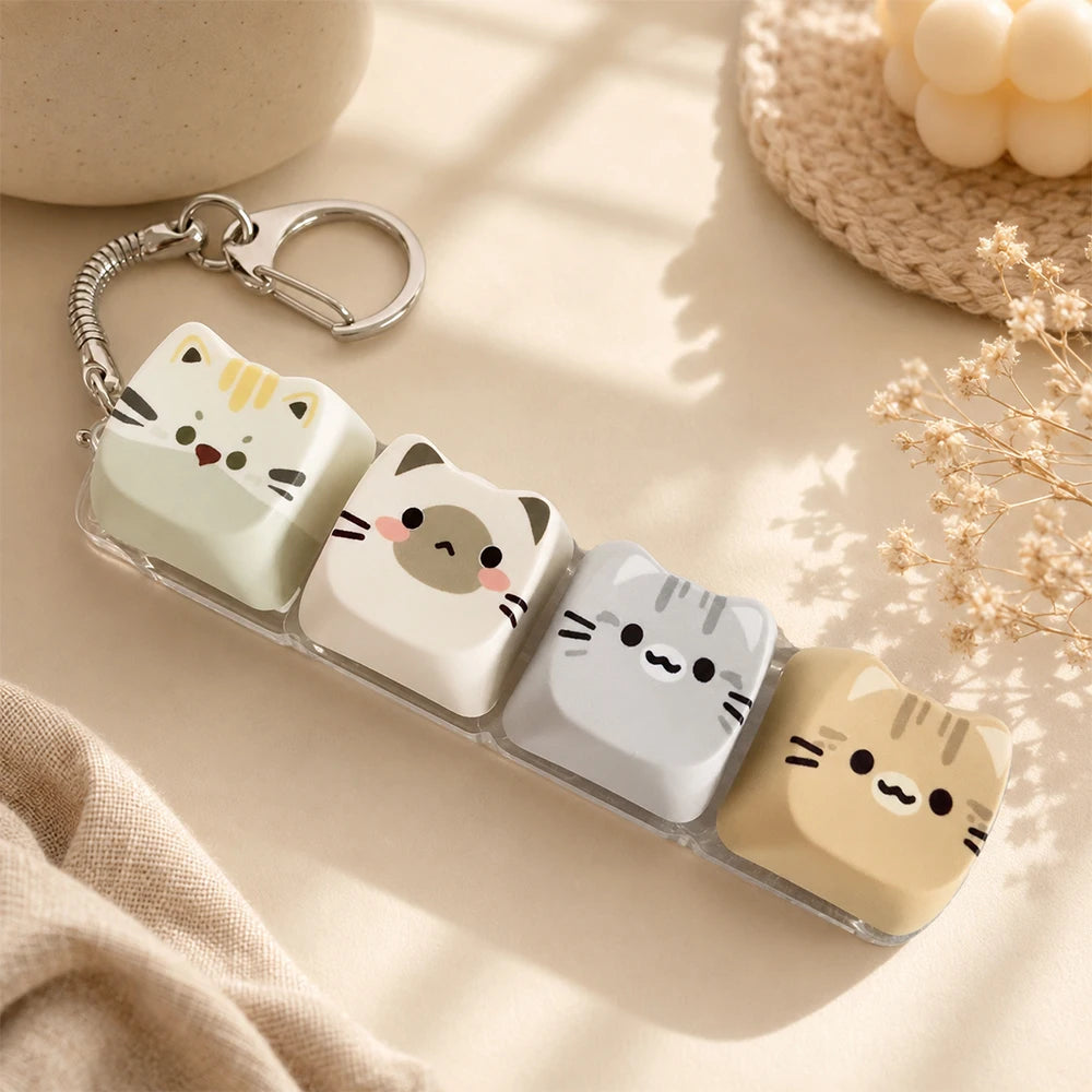 Cute Cat Relax Button Keycap, Kawaii Cat 4-Key Keyboard Fidget Toy for Friends Gift, Portable Fidget Keychain Fashion Bag Charm