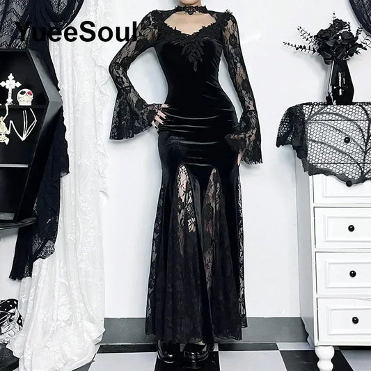 Halloween Gothic Grunge Punk Women Dress Long Sleeve Lace Slim Black Dresses 2026 New Y2K Harajuku Lolita Fairy Core Party Dress