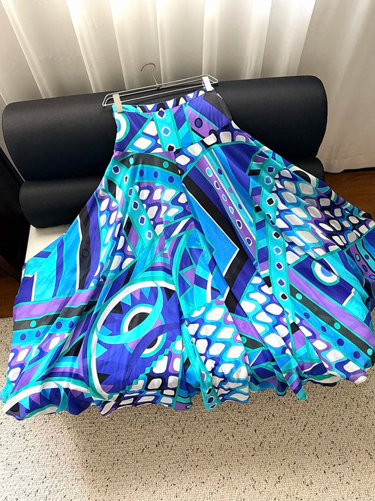 Spring Summer Fashion Resort Elegant Geometric Print Cotton Long Skirt Women's Middle Waist Slim A-Line Big Swing Skirt