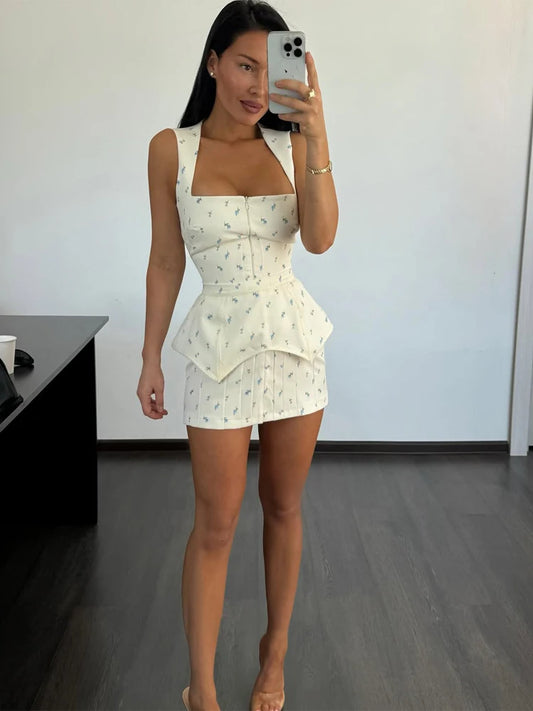 Elegant Print Waistband Short Dress For Women Square Collar Sleeveless Zip Up Waist-closed Dresses 2026 Summer Lady Party Robes