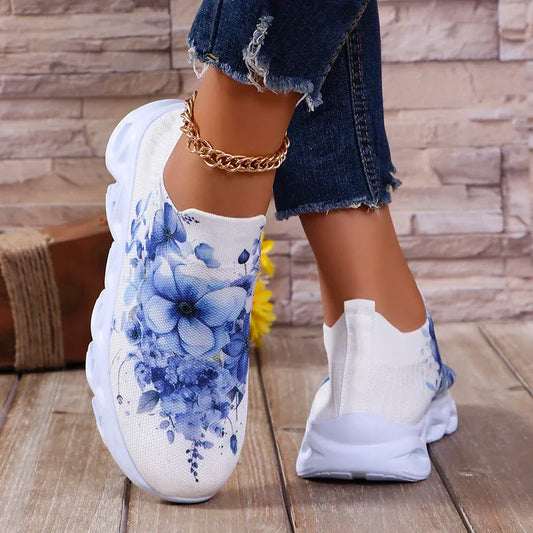 Fashion Printed Women's Running Sneakers Plus Size Knitted Breathable Mesh Casual Shoes Woman Comfortable Non Slip Walking Flats