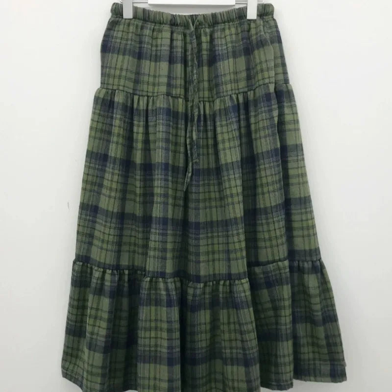 Women's Green Plaid Tiered Long Skirt