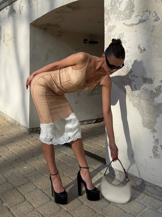 Chic Women Mesh Midi Dress Corset Lace Irregular Hem Short Sleeve Bodycon Sheer Layer Vestido Vintage Party Evening Dresses New