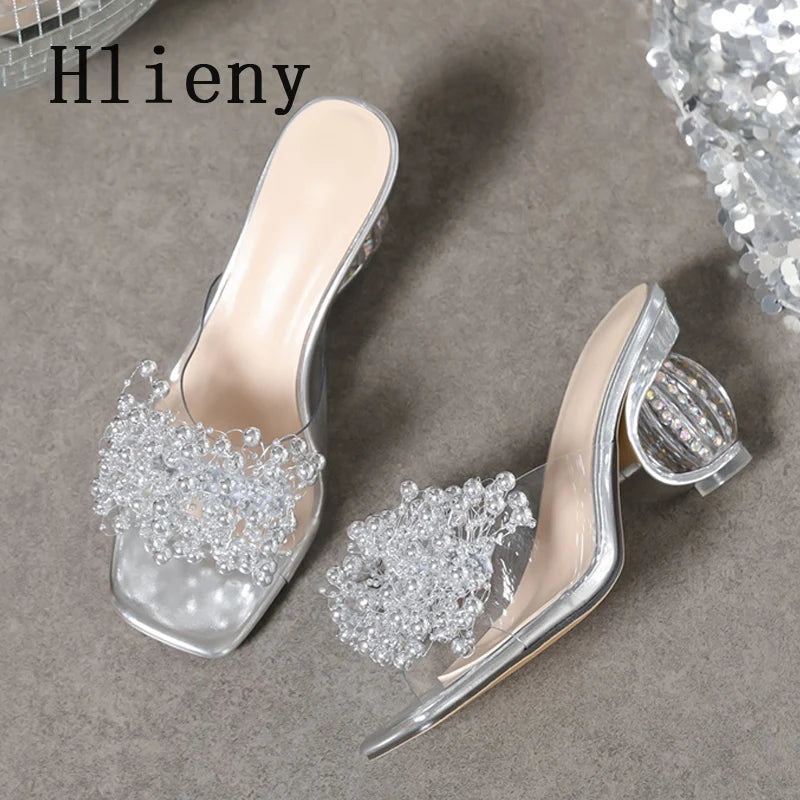 Hlieny Silver Crystal Ball Low Heel PVC Transparent Clear Slippers Women Peep Toe Summer Sandals Fashion Design Slides Shoes