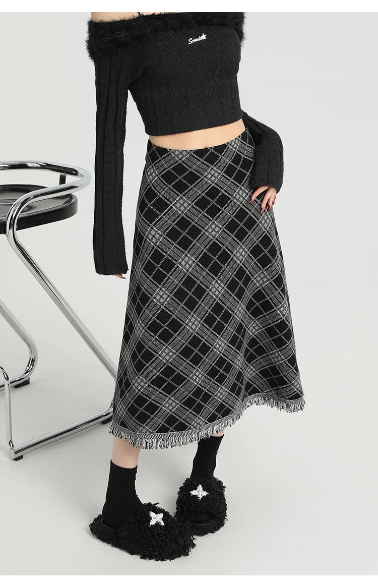 2025 Autumn Winter Women Korean Fashion A-line Plaid High Waist Midi Skirt Vintage Design Shoujo Preppy Style Tassel Trendy New