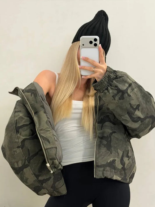 Women Camo Print Hooded Zipper Jacket Elastic Cuff Jacket Cropped Short Length Loose Puffer Winter Warm Winter Street Jackets