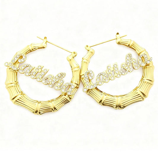DODOAI 40mm-100mm Bling Name Bamboo Earrings Custom Trapezoid Hoop Bamboo Names Earrings Letter Big Personalised Name Earrings