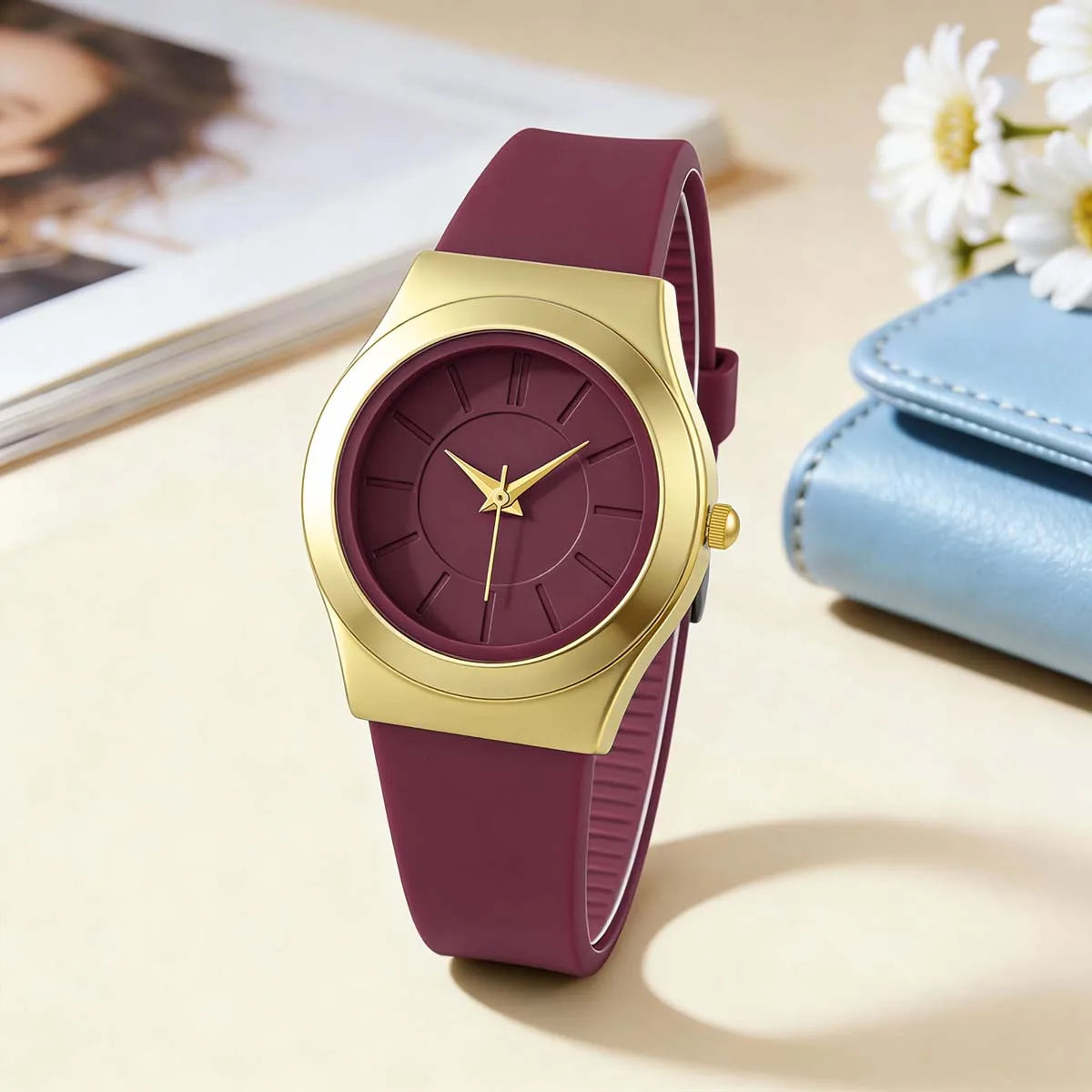 Women Minimalist Quartz Watch Soft Silicone Strap Gold Alloy Case Simple Line Dial Casual Ladies Watches