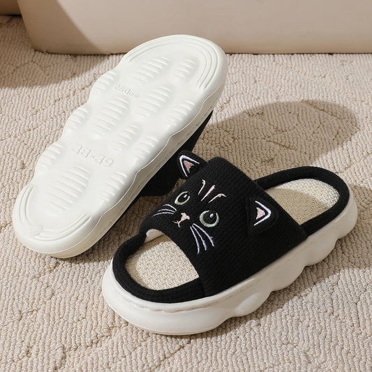 Kidmi Cute Kitty Women Slippers Fashion Breathable Indoor House Slippers Sweat-absorbing Linen Antiskid Slippers Casual Slippers
