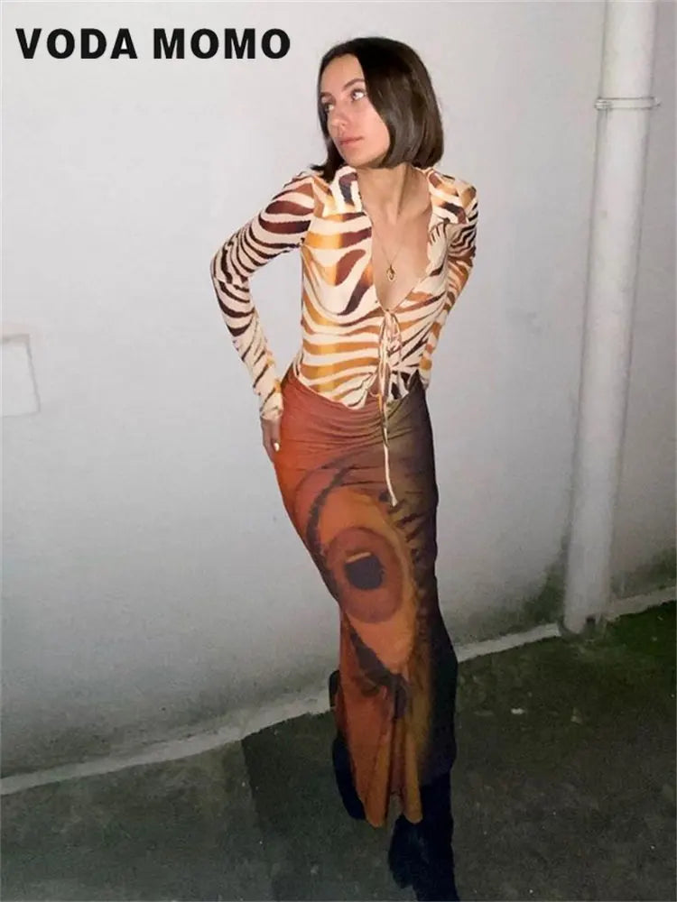 Retro Y2k Fairy Grunge Clothing Summer Trend Sexy Eye Print Midi Skirts Women Harajuku High Waist Goth Dark Tie Dye Long Skirt