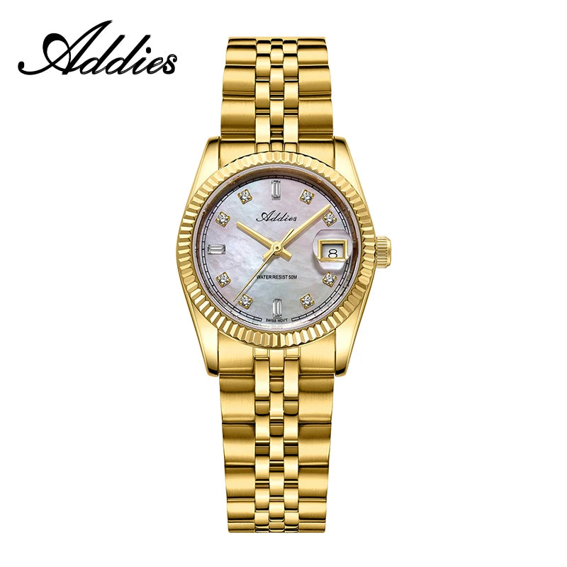 Addies Ladies Dress Watch Movement Mother-Of-Pearl Dial 28mm Sapphire Czech Rhinestone 50m Waterproof Sport Women Quartz Watch