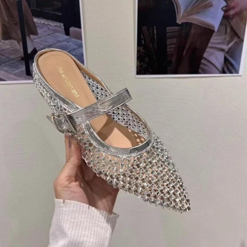 New 2025 Luxury Crystal Footwear Silver Women Flat With Shoes Female Pointed Toe Fashion Rhinestones Shallow Ladies Flats Shoes
