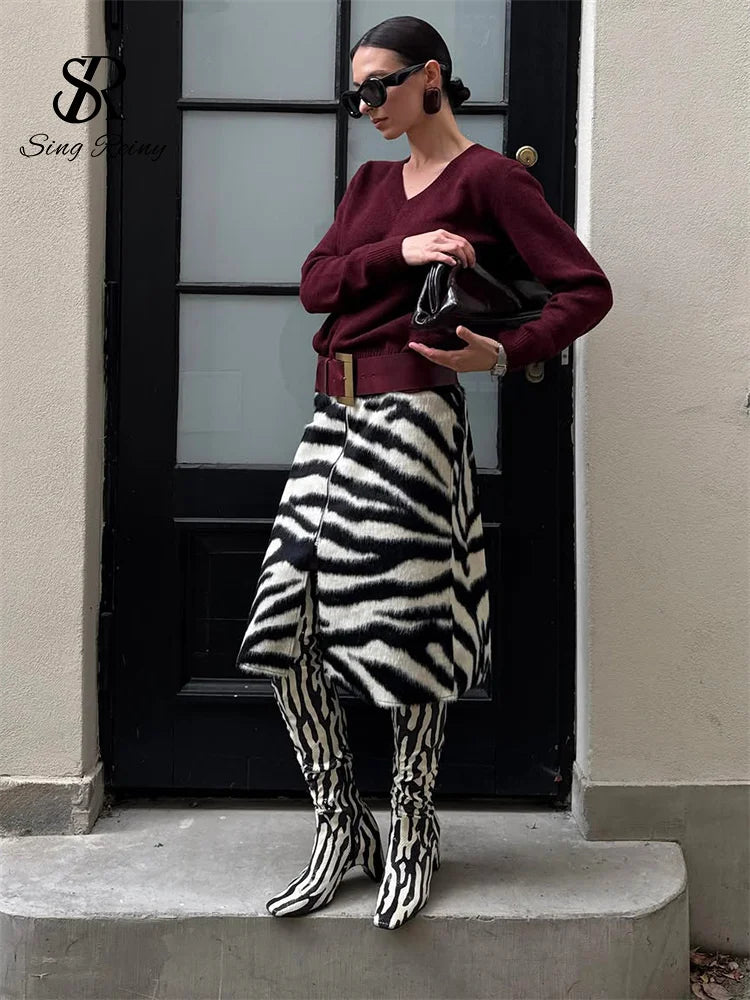 SINGREINY Fluffy Zebra Print Midi Skirt Autumn French Elegant Zipper High Waist Split Slim Female Commute Trendy Street Skirts