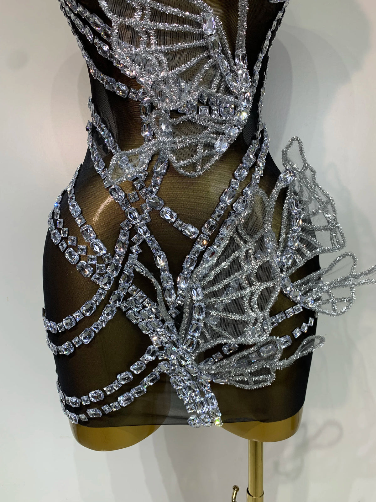 Women Sexy Mesh See Through Sparkly Butterfly Crystal Bodycon Mini Dress Celebrate Birthday Evening Party Singer Stage Outfit