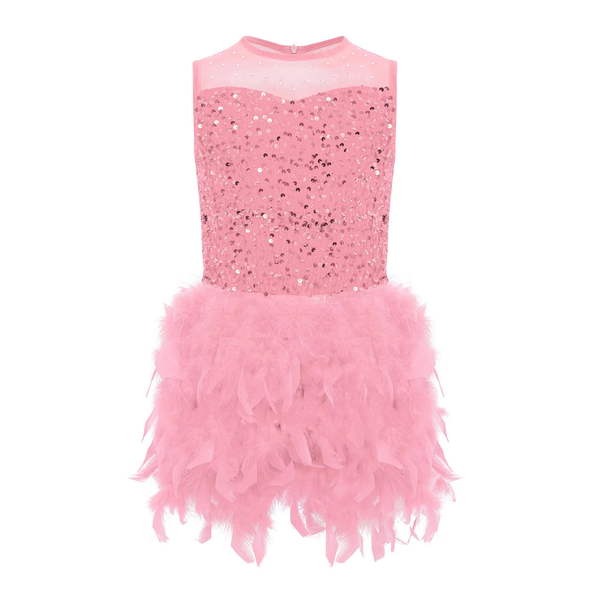 Kids Girls Ballet Leotard Dress Dance Performance Costume Long Sleeve Sheer Mesh Patchwork Sequins Feather Velvet Tulle Dress