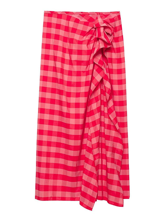 HH Elegant Summer Red Plaid Midi Skirt For Women Chic High Waist Stacked Ruffle Decoration Midi Skirt Female Party Wear