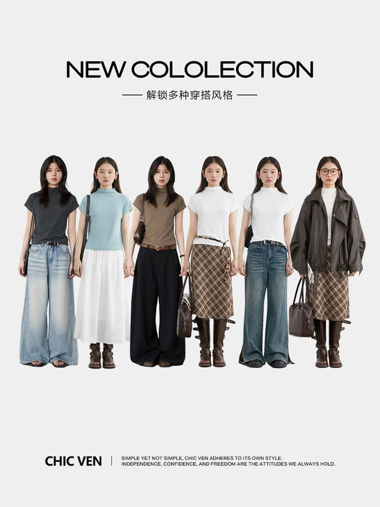 CHIC VEN Women T-Shirts Solid Half High Neck Slim Fit Tees Elastic Basic Female Bottom Top Spring Autumn 2025