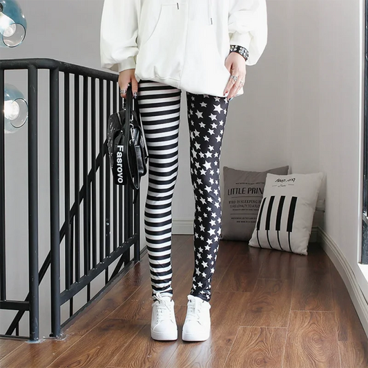 Woman Jeggings Elastic Stripe Star Print Leggings Fashion Cropped Trousers Woman leggins Pencil Pants L1071