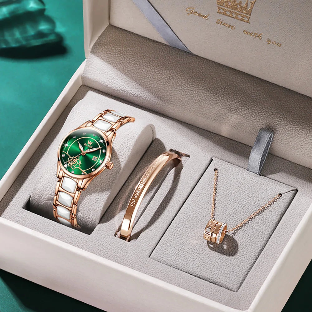 OLEVS Ladies Watch Ceramic Strap Elegant Fashion Luxury Waterproof Luminous Quartz Watch For Women Valentine's Day Present 3606