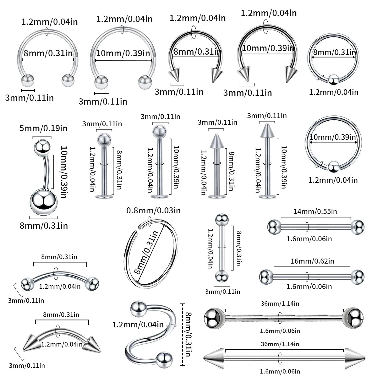 100Pcs Lot Surgical Steel Nose Ring Hoop Nostril Piercing Septum Ring Horseshoe Fake Nose Ring Set Body Jewelry