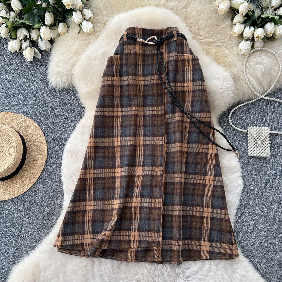 Retro Plaid Splicing A-Line Midi Skirt Women's High Waist Slimming Commute Elastic Waist Skirts Korean Style City Commute