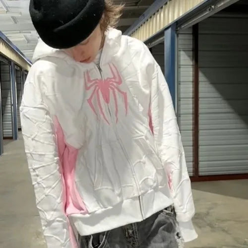 New Gothic Dark Spider Print Hooded Cardigan Loose Sweater Jacket Women